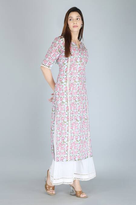 Kalakaari By Sagarika_Blue Cotton Lace Split V-neck Lotus Print Kurta And Palazzo Set _at_Aza_Fashions