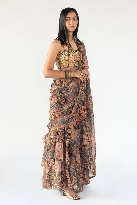 Buy Nikita Vishakha Multi Color Georgette, Printed Silk Floral Pre-draped Skirt Saree With Blouse Online at Aza Fashions Buy_Nikita Vishakha_Multi Color Georgette, Printed Silk Floral Pre-draped Skirt Saree With Blouse_Online_at_Aza_Fashions