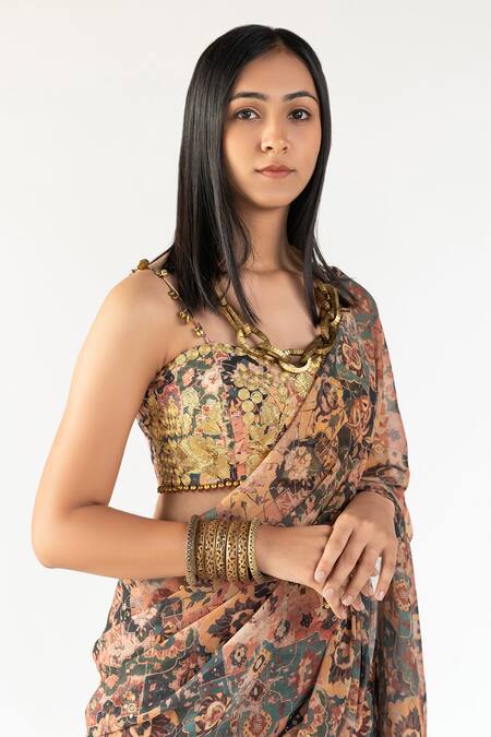 Shop Nikita Vishakha Multi Color Georgette, Printed Silk Floral Pre-draped Skirt Saree With Blouse Online at Aza Fashions Shop_Nikita Vishakha_Multi Color Georgette, Printed Silk Floral Pre-draped Skirt Saree With Blouse_Online_at_Aza_Fashions