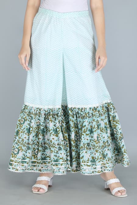 Kalakaari By Sagarika_Blue Cotton Embroidery, Gota Patti Sweetheart Flower Print Kurta And Sharara Set _Online_at_Aza_Fashions