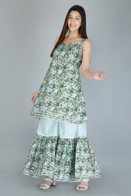 Buy_Kalakaari By Sagarika_Blue Cotton, Chiffon Gota Patti Sweetheart Neck Florette Print Kurta Sharara Set _Online_at_Aza_Fashions