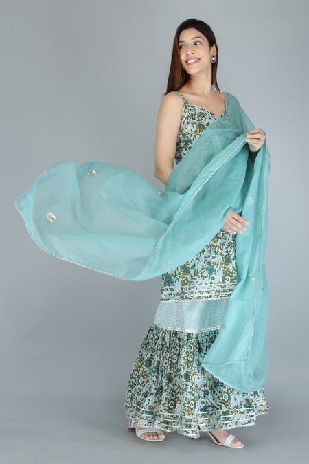 Kalakaari By Sagarika_Blue Cotton, Chiffon Gota Patti Sweetheart Neck Florette Print Kurta Sharara Set _at_Aza_Fashions