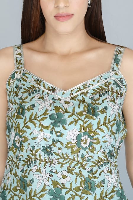 Buy_Kalakaari By Sagarika_Blue Cotton, Chiffon Gota Patti Sweetheart Neck Florette Print Kurta Sharara Set 