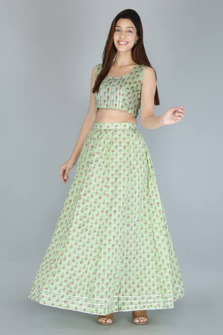 Kalakaari By Sagarika_Green Cotton Embroidery Shrug And Printed Skirt Set For Kids_Online_at_Aza_Fashions