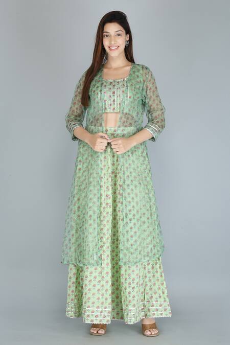 Kalakaari By Sagarika_Green Pure Cotton Printed Floral Round Blouse And Skirt Set _Online_at_Aza_Fashions