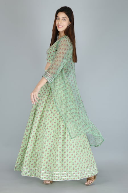 Buy_Kalakaari By Sagarika_Green Pure Cotton Printed Floral Round Blouse And Skirt Set _Online_at_Aza_Fashions