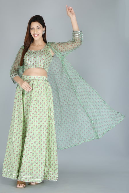 Shop_Kalakaari By Sagarika_Green Pure Cotton Printed Floral Round Blouse And Skirt Set _Online_at_Aza_Fashions