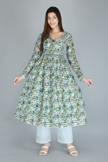 Buy_Kalakaari By Sagarika_Blue Cotton, Chiffon Gota Patti, Embroidery Floral Print Angrakha Anarkali Set _Online_at_Aza_Fashions