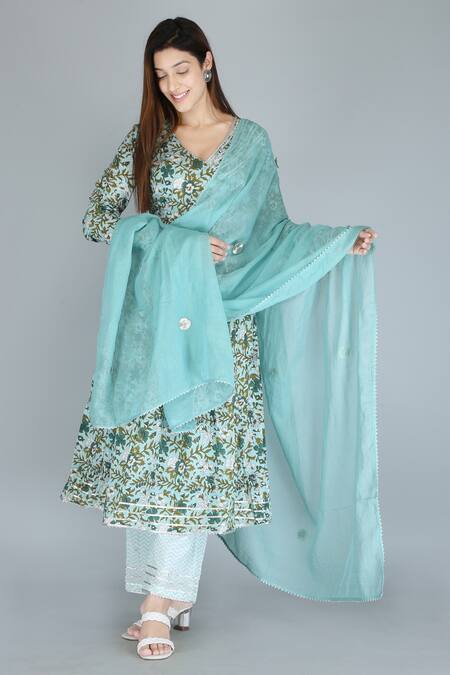 Shop Kalakaari By Sagarika Blue Cotton Gota Patti, Embroidery Floral Print Angrakha Anarkali And Pant Set Online at Aza Fashions Shop_Kalakaari By Sagarika_Blue Cotton Gota Patti, Embroidery Floral Print Angrakha Anarkali And Pant Set _Online_at_Aza_Fashions
