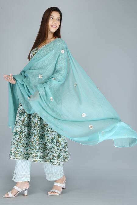 Kalakaari By Sagarika Blue Cotton Gota Patti, Embroidery Floral Print Angrakha Anarkali And Pant Set at Aza Fashions Kalakaari By Sagarika_Blue Cotton Gota Patti, Embroidery Floral Print Angrakha Anarkali And Pant Set _at_Aza_Fashions