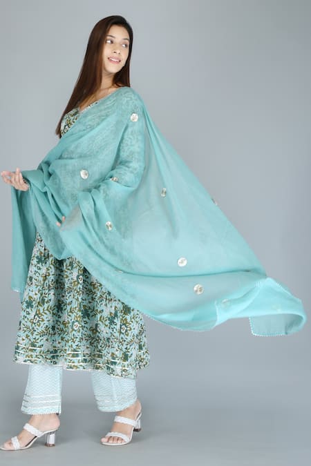 Kalakaari By Sagarika_Blue Cotton, Chiffon Gota Patti, Embroidery Floral Print Angrakha Anarkali Set _at_Aza_Fashions