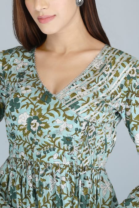 Buy Kalakaari By Sagarika Blue Cotton Gota Patti, Embroidery Floral Print Angrakha Anarkali And Pant Set Buy_Kalakaari By Sagarika_Blue Cotton Gota Patti, Embroidery Floral Print Angrakha Anarkali And Pant Set