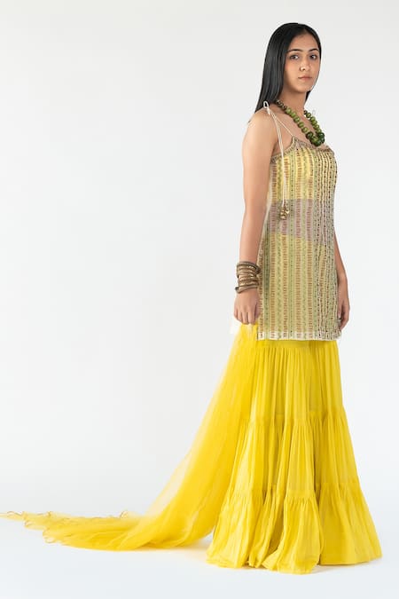 Nikita Vishakha_Yellow Organza, Gazi Silk Beads Scoop Neck Embroidered Kurta Sharara Set_Online_at_Aza_Fashions