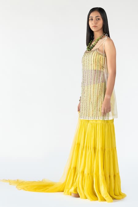 Nikita Vishakha_Yellow Organza, Gazi Silk Beads Scoop Neck Embroidered Kurta Sharara Set_at_Aza_Fashions