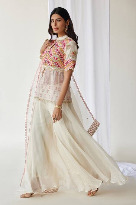 Koashee By Shubitaa_Off White Organza Zari, Sequins Zardozi Embroidered Peplum Top Sharara Set _Online_at_Aza_Fashions