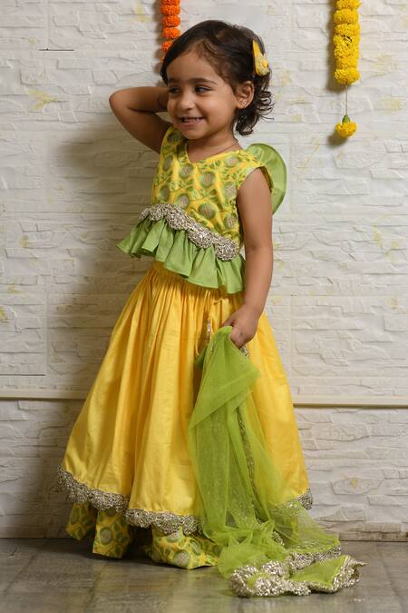 Buy_Little Brats_Yellow Cotton, Silk, Net Embroidery, Gota Patti, Lace Layered Lehenga Set_Online_at_Aza_Fashions
