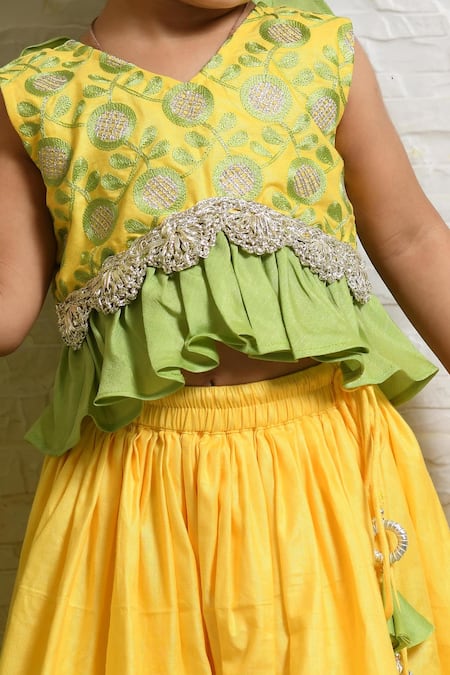 Shop_Little Brats_Yellow Cotton, Silk, Net Embroidery, Gota Patti, Lace Layered Lehenga Set_Online_at_Aza_Fashions