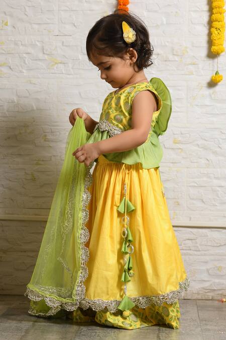 Little Brats_Yellow Cotton, Silk, Net Embroidery, Gota Patti, Lace Layered Lehenga Set_at_Aza_Fashions