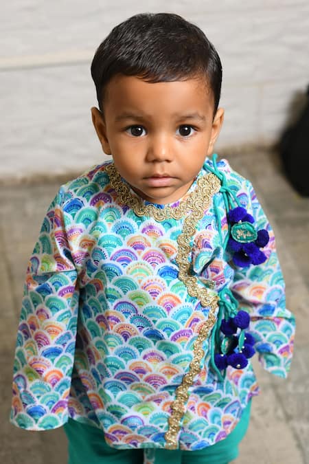 Little Brats_Green Muslin, Rayon Tassels Printed Angrakha Kurta And Dhoti Pant Set _at_Aza_Fashions