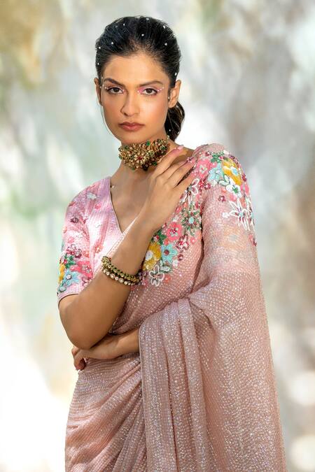 Talking Threads_Pink Chiffon, Silk Sequins V-neck Floral Embellished Saree With Blouse _Online_at_Aza_Fashions