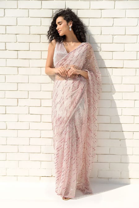 Shop_Talking Threads_Pink Tulle, Satin Sequins, Crystals, Zari Shower Embellished Saree With Blouse 