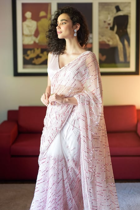 Buy_Talking Threads_Pink Tulle, Satin Sequins, Crystals, Zari Shower Embellished Saree With Blouse _Online_at_Aza_Fashions