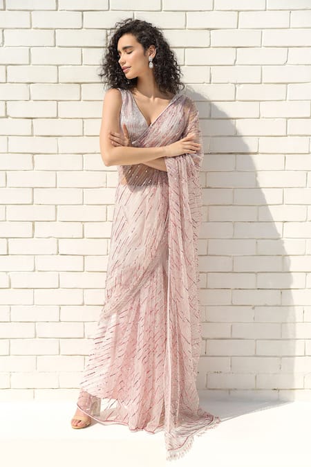 Shop_Talking Threads_Pink Tulle, Satin Sequins, Crystals, Zari Shower Embellished Saree With Blouse _Online_at_Aza_Fashions
