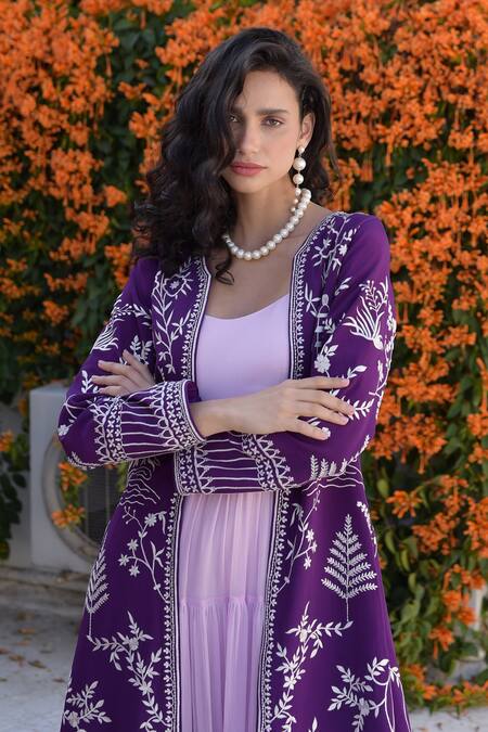 Talking Threads_Purple Crepe, Chiffon, Satin Embroidery Open Neck, Gara Jacket With Tiered Gown_Online_at_Aza_Fashions