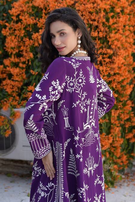 Buy_Talking Threads_Purple Crepe, Chiffon, Satin Embroidery Open Neck, Gara Jacket With Tiered Gown_Online_at_Aza_Fashions