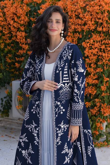 Talking Threads_Blue Chiffon, Crepe, Linen Embroidery Round Neck, Gara Jacket And Maxi Gown Set_Online_at_Aza_Fashions