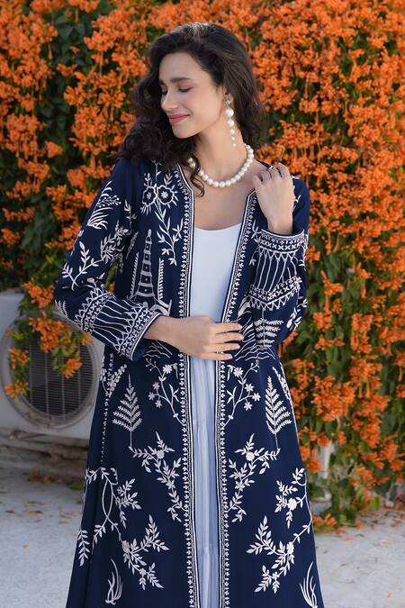 Buy_Talking Threads_Blue Chiffon, Crepe, Linen Embroidery Round Neck, Gara Jacket And Maxi Gown Set_Online_at_Aza_Fashions