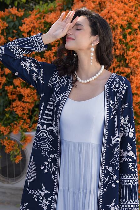 Shop_Talking Threads_Blue Chiffon, Crepe, Linen Embroidery Round Neck, Gara Jacket And Maxi Gown Set_Online_at_Aza_Fashions