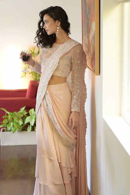 Talking Threads_Pink Georgette, Silk Organza Sequins, Floral Embroidered Pre-draped Saree Set _Online_at_Aza_Fashions