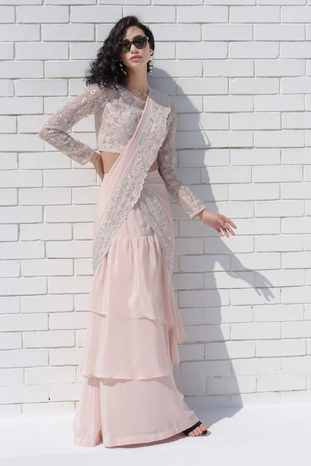Buy_Talking Threads_Pink Georgette, Silk Organza Sequins, Floral Embroidered Pre-draped Saree Set _Online_at_Aza_Fashions