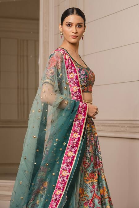 Tarun Tahiliani_Green Tafetta Floral Scoop Neck Print Bridal Lehenga Set With Shaded Dupatta_Online_at_Aza_Fashions
