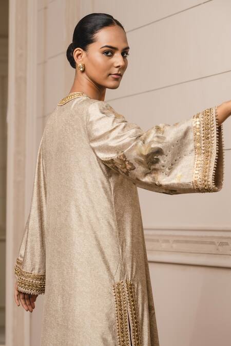 Buy_Tarun Tahiliani_Gold Silk Velvet Floral Pattern Notched Print Kurta And Trouser Set_Online_at_Aza_Fashions