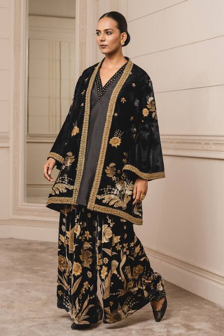 Tarun Tahiliani_Black Silk Velvet Floral Pattern Kurta V Neck Print Jacket And Trouser Set_Online_at_Aza_Fashions
