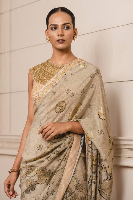 Tarun Tahiliani Gold Tulle, Crepe Floral Pattern Round Print Saree With Corset Online at Aza Fashions Tarun Tahiliani_Gold Tulle, Crepe Floral Pattern Round Print Saree With Corset_Online_at_Aza_Fashions