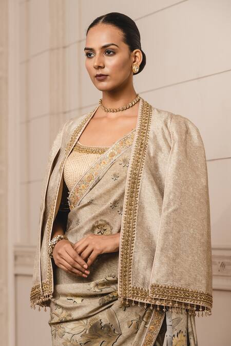 Tarun Tahiliani_Gold Silk Velvet Floral Pattern Front Open Print Cape_Online_at_Aza_Fashions