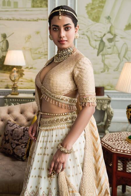 Tarun Tahiliani_Gold Brocade Gota, Pearl, Sequin, French Knot, Embroidered Bridal Lehenga Set_Online_at_Aza_Fashions