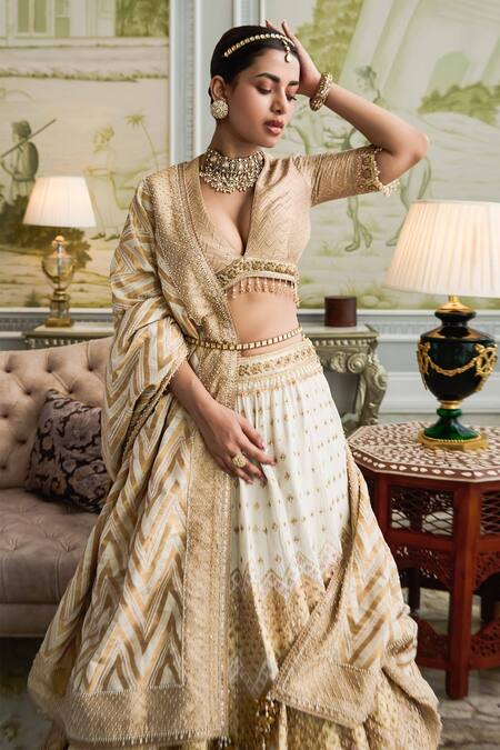 Buy_Tarun Tahiliani_Gold Brocade Gota, Pearl, Sequin, French Knot, Embroidered Bridal Lehenga Set_Online_at_Aza_Fashions