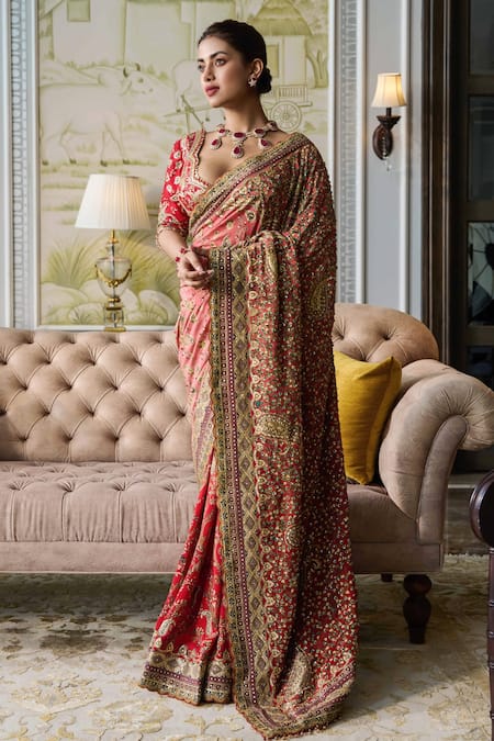 Tarun Tahiliani_Red Crepe And Silk Dupion Embroidery French Knot Paisley Print Saree With Blouse_Online_at_Aza_Fashions