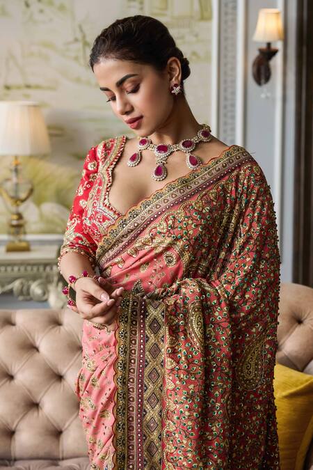 Buy_Tarun Tahiliani_Red Crepe And Silk Dupion Embroidery French Knot Paisley Print Saree With Blouse_Online_at_Aza_Fashions