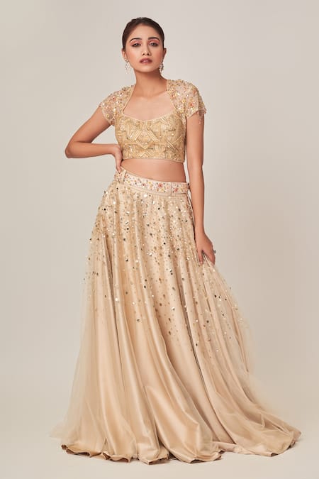 Shop_Tamaraa By Tahani_Beige Tulle, Turkish Satin Sequins Square Neck Sadie Embellished Lehenga Set _Online_at_Aza_Fashions
