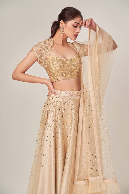 Tamaraa By Tahani_Beige Tulle, Turkish Satin Sequins Square Neck Sadie Embellished Lehenga Set _Online_at_Aza_Fashions