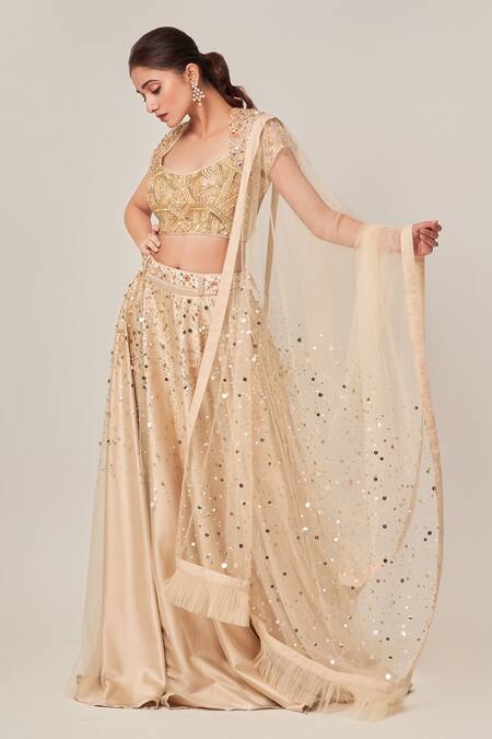 Buy_Tamaraa By Tahani_Beige Tulle, Turkish Satin Sequins Square Neck Sadie Embellished Lehenga Set _Online_at_Aza_Fashions