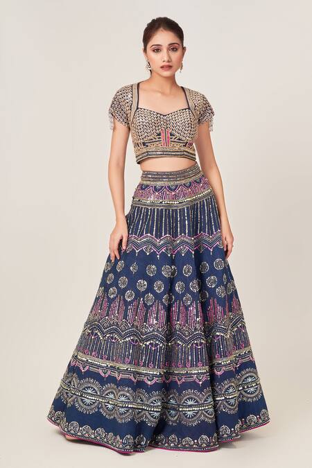 Tamaraa By Tahani_Blue Silk, Net Cutdana, Sequins Sweetheart Ariel And Embellished Lehenga Set _at_Aza_Fashions