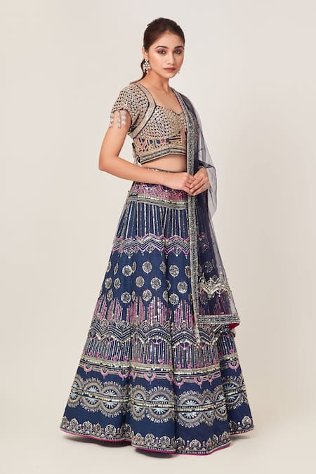 Tamaraa By Tahani_Blue Silk, Net Cutdana, Sequins Sweetheart Ariel And Embellished Lehenga Set _Online_at_Aza_Fashions