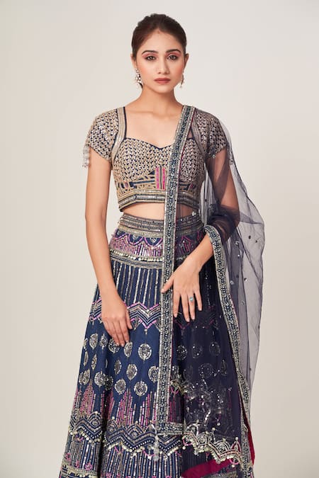 Buy_Tamaraa By Tahani_Blue Silk, Net Cutdana, Sequins Sweetheart Ariel And Embellished Lehenga Set _Online_at_Aza_Fashions