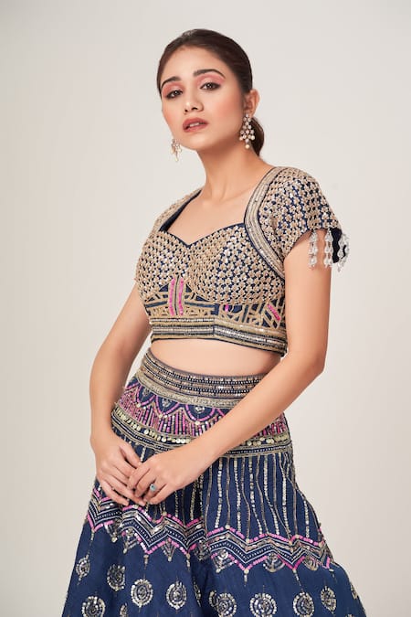 Shop_Tamaraa By Tahani_Blue Silk, Net Cutdana, Sequins Sweetheart Ariel And Embellished Lehenga Set _Online_at_Aza_Fashions